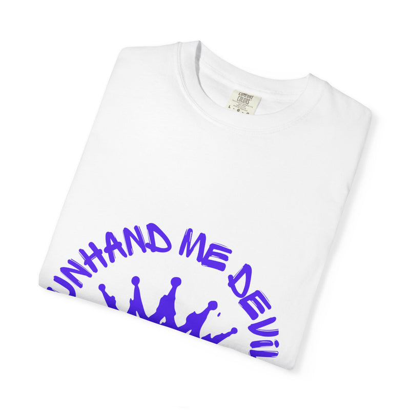 Unisex Garment-Dyed T-shirt with 'Unhand Me Devil' Graphic - Trendy Streetwear